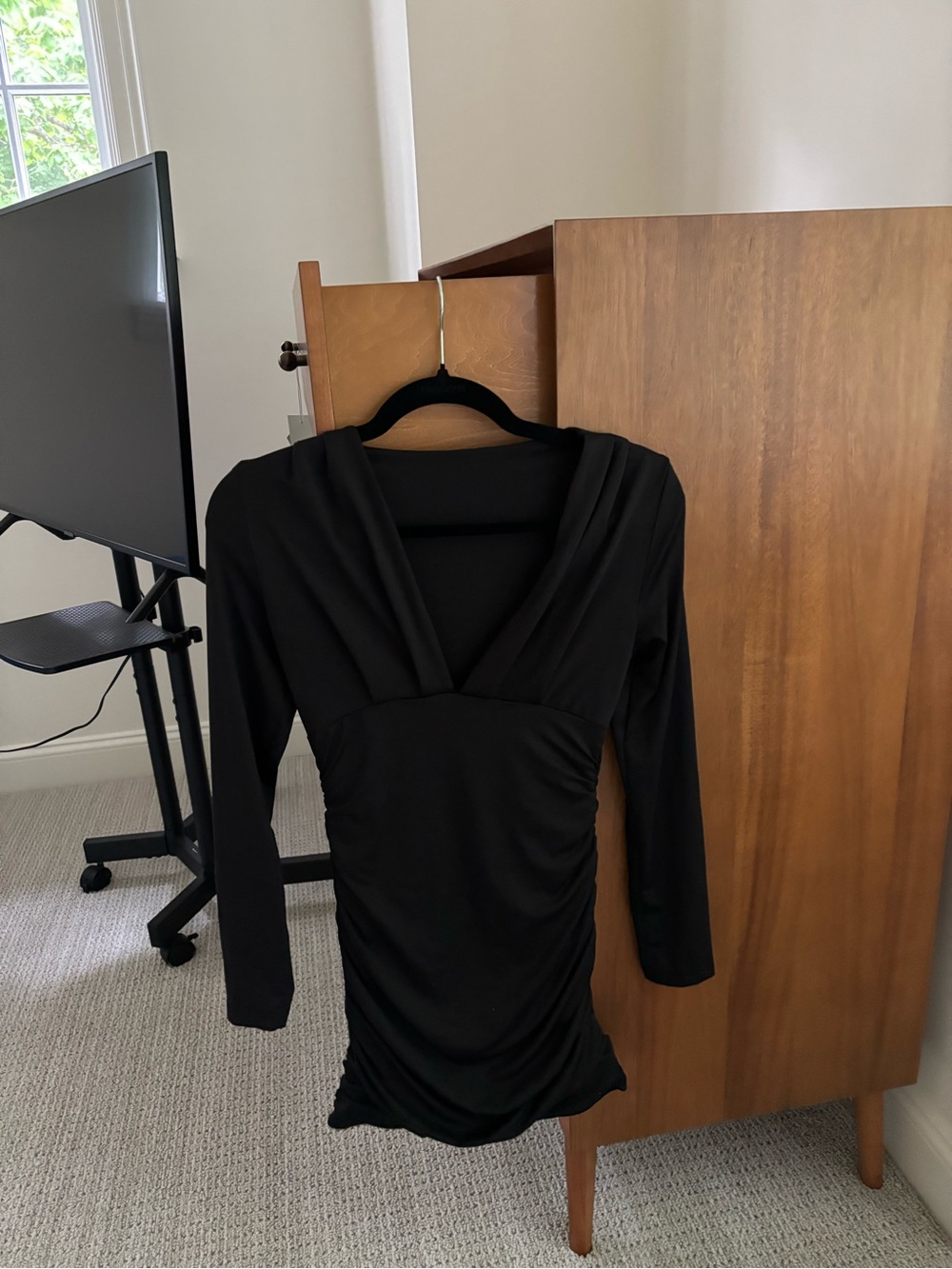 Black V-Neck Ruched Long Sleeve Mini Dress